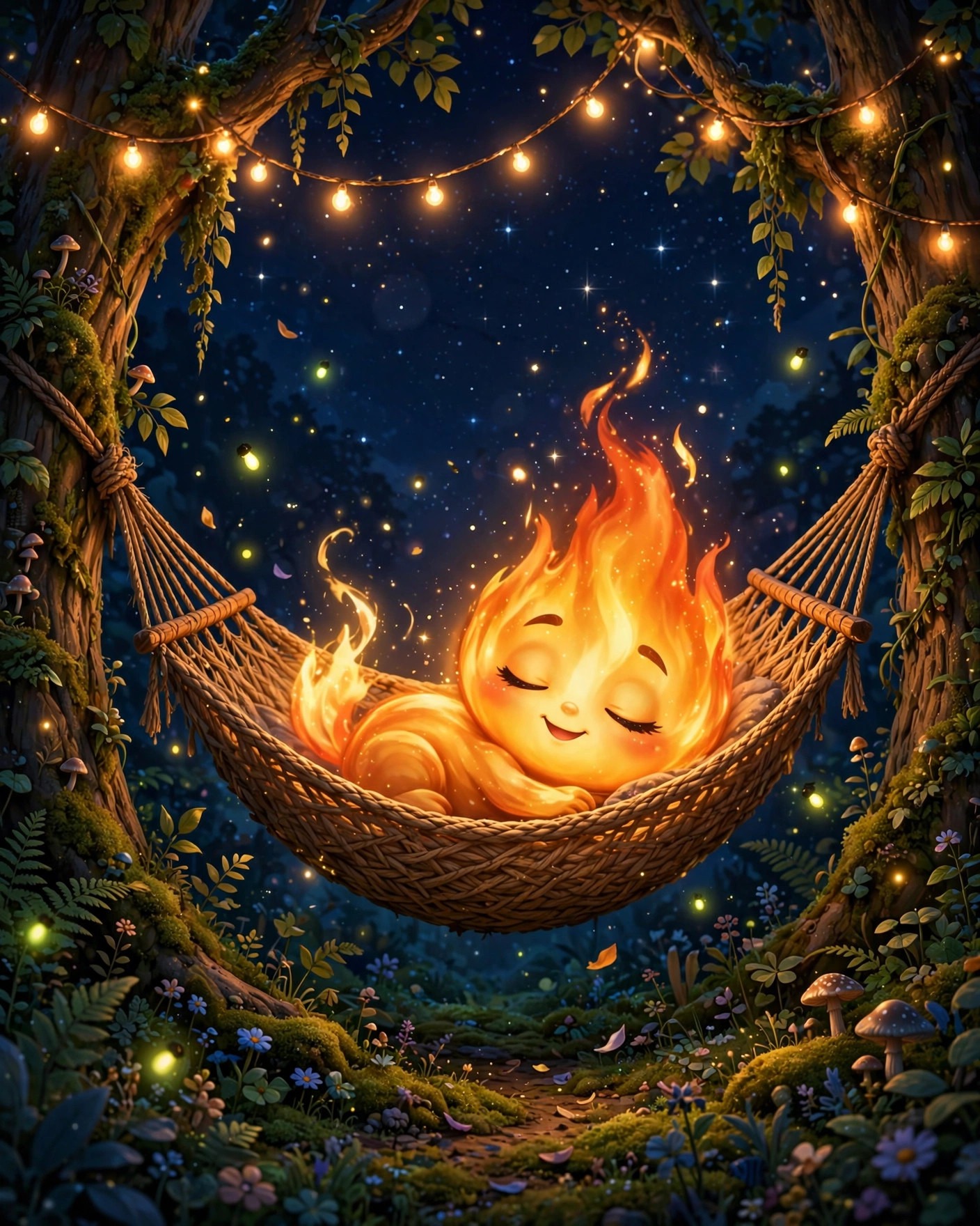Spark relaxing in a hammock under string lights